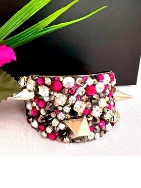 CUFF BRACELET ~ Studded Pink Silver Gray and Black Cuff w/Swarovski Crystals